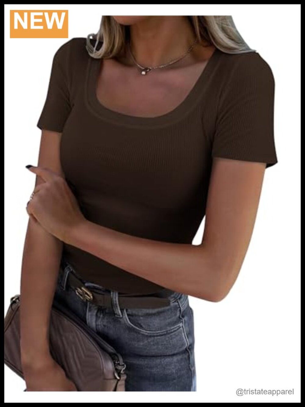 Women's Ribbed Knit Scoop Neck Short Sleeve Fitted Casual T-Shirt